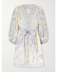 Zimmermann - Indra Belted Floral-Print Linen Mini Dress - Lyst