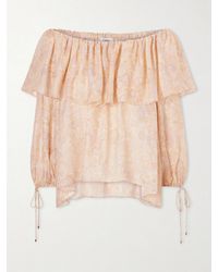 Chloé - Off-The-Shoulder Ruffled Floral-Print Silk-Charmeuse Blouse - Lyst