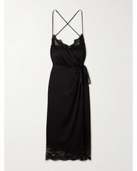 Saint Laurent - Wrap-Effect Belted Lace-Trimmed Silk-Satin Midi Dress - Lyst