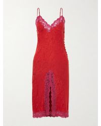Saint Laurent - Lace-Trimmed Silk-Satin Midi Dress - Lyst