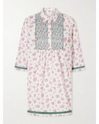 Loretta Caponi - Alassio Shirred Embroidered Floral-Print Cotton-Poplin Mini Dress - Lyst