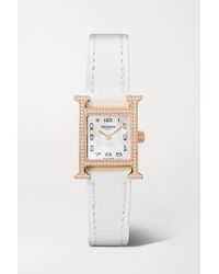 Hermès Heure H 17.2mm Very Small Rose Gold-plated, Leather, Mother-of-pearl And Diamond Watch - White