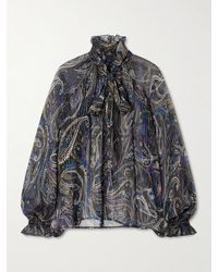 Etro - Pussy-Bow Printed Metallic Silk-Crepon Blouse - Lyst