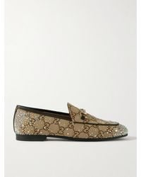 Gucci - Jordaan Horsebit-Detailed Leather-Trimmed Crystal-Embellished Canvas-Jacquard Loafers - Lyst