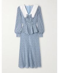Alessandra Rich - Envers Lace And Mikado-Trimmed Floral-Print Crepe De Chine Peplum Midi Dress - Lyst