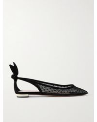 Aquazzura - Bow Tie Suede-Trimmed Fishnet Pointed-Toe Ballet Flats - Lyst