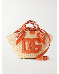 Dolce & Gabbana - Kendra Logo-Appliquéd Leather-Trimmed Raffia Bucket Bag - Lyst