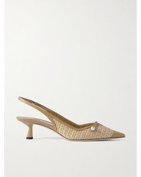 Jimmy Choo - Amita 45 Faux Pearl-Embellished Leather-Trimmed Raffia Slingback Pumps - Lyst