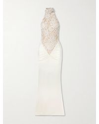 Ilkyaz Ozel - Cass Gathered Lace-Trimmed Satin-Jersey Halterneck Gown - Lyst