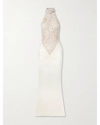 The New Arrivals Ilkyaz Ozel - Cass Gathered Lace-Trimmed Satin-Jersey Halterneck Gown - Lyst