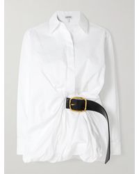 Loewe - Belted Leather-Trimmed Gathered Ribbed Cotton Shirt - Lyst