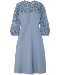 Valentino Guipure Lace-trimmed Wool And Silk-blend Crepe Midi Dress - Blue