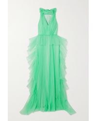 Huishan Zhang Alana Bow-detailed Tiered Tulle Gown - Green