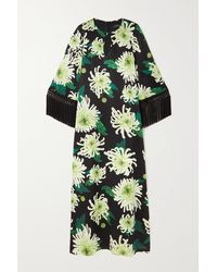 Andrew Gn Cutout Fringed Floral-print Silk-satin Gown - Black
