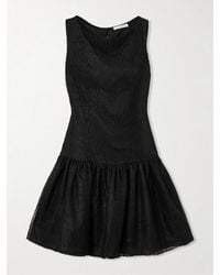 Nina Ricci - Velvet-Trimmed Bow-Detailed Gathered Chantilly Lace Mini Dress - Lyst