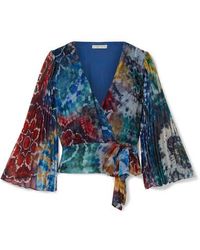 Alice + Olivia Bray Pleated Tie-dyed Silk-georgette Wrap Blouse - Blue