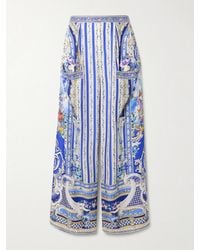CAMILLA - Crystal-Embellished Printed Silk-Satin Wide-Leg Pants - Lyst