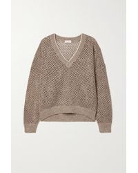 Brunello Cucinelli Sequin-embellished Crocheted Linen-blend Sweater - Brown