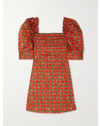 La DoubleJ - Ruffled Smocked Printed Cotton-Blend Poplin Mini Dress - Lyst