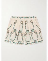 Agua Bendita - Romy Florero Pleated Embroidered Linen Shorts - Lyst
