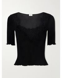 Saint Laurent - Guipure Lace-Trimmed Ribbed-Silk T-Shirt - Lyst