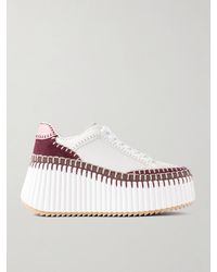 Chloé - Nama Embroidered Suede-Trimmed Leather Platform Sneakers - Lyst