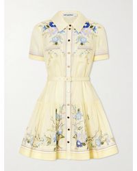 Self-Portrait - Belted Floral-Print Organza Mini Shirt Dress - Lyst