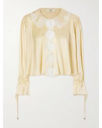 Chloé - Gathered Lace-Trimmed Silk-Satin Blouse - Lyst