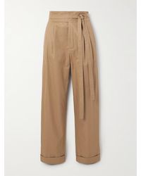 Saint Laurent - Belted Pleated Cotton-Twill Straight-Leg Pants - Lyst