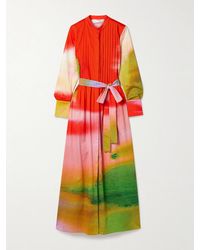 Oscar de la Renta - Belted Pintucked Printed Cotton-Blend Poplin Maxi Dress - Lyst