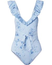 LoveShackFancy Opal Gerüschter Badeanzug Mit Blumenprint Und Gürtel - Blau