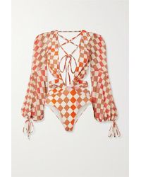PATBO Karierter Badeanzug Mit Cut-outs Und Chiffoneinsätzen - Orange