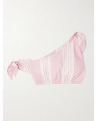 Posse - Rosie Cropped One-Shoulder Tie-Detailed Striped Cotton Top - Lyst