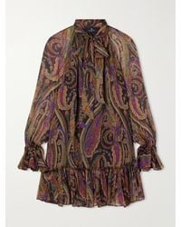 Etro - Pussy-Bow Gathered Paisley-Print Silk-Chiffon Mini Dress - Lyst