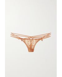 Agent Provocateur Tanya Cutout Leavers Lace And Stretch-silk Satin Thong - Metallic