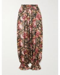 Chloé - Pleated Cropped Floral-Print Silk-Charmeuse Wide-Leg Pants - Lyst