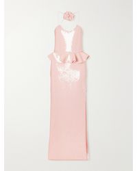 Rodarte - Floral-Appliquéd Ruffled Sequined Mesh Halterneck Gown - Lyst