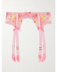 Agent Provocateur - Rixie Bow-Detailed Lace-Trimmed Embroidered Tulle Suspender Belt - Lyst