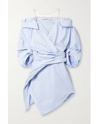 Alexander Wang Cold-shoulder Mesh-trimmed Striped Cotton-blend Poplin Mini Shirt Dress - Blue