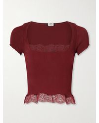 Saint Laurent - Cropped Leavers Lace-Trimmed Ribbed Silk-Jersey Top - Lyst