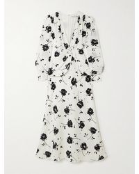 Alessandra Rich - Midikleid Aus Crêpe De Chine Aus Seide Mit Blumenprint, Verzierungen Und Falten - Lyst