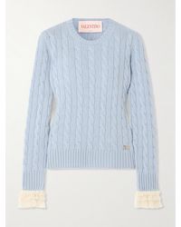 Valentino Garavani - Ruffle-Trimmed Embellished Cable-Knit Cashmere Sweater - Lyst