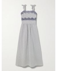 Loretta Caponi - Sabine Corded Lace-Trimmed Gathered Striped Cotton-Blend Poplin Maxi Dress - Lyst