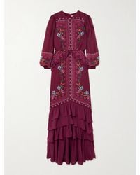 Saloni - Robe Du Soir En Crêpe De Chine De Soie À Imprimé Fleuri Et À Volants Isa Long-C - Lyst