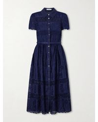Self-Portrait - Belted Embroidered Lace-Trimmed Ramie Midi Dress - Lyst