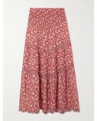 Loretta Caponi - Ninfa Shirred Lace-Trimmed Floral-Print Lyocell Midi Skirt - Lyst