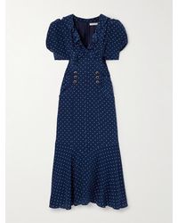 Alessandra Rich - Ruched Button And Bow-Embellished Polka-Dot Silk Midi Dress - Lyst