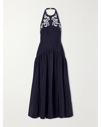 ALÉMAIS - Dillon Crystal-Embellished Appliquéd Embroidered Cotton-Blend Poplin Halterneck Maxi Dress - Lyst