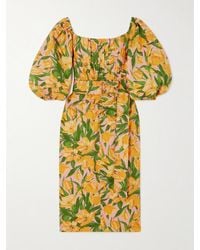 Carolina Herrera - Schulterfreies Midikleid Aus Stretch-Baumwolle Mit Blumenprint, Raffungen Und Gürtel - Lyst
