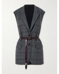 Brunello Cucinelli - Bead-Embellished Leather-Trimmed Belted Prince Of Wales Checked Wool Vest - Lyst